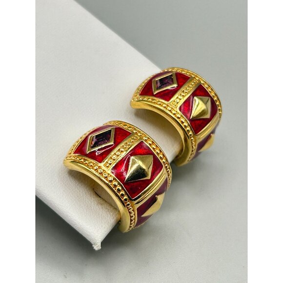 Swarovski Gold Plated Red Enamel & Purple Crystal Huggie Hoop Earrings - Picture 2 of 7